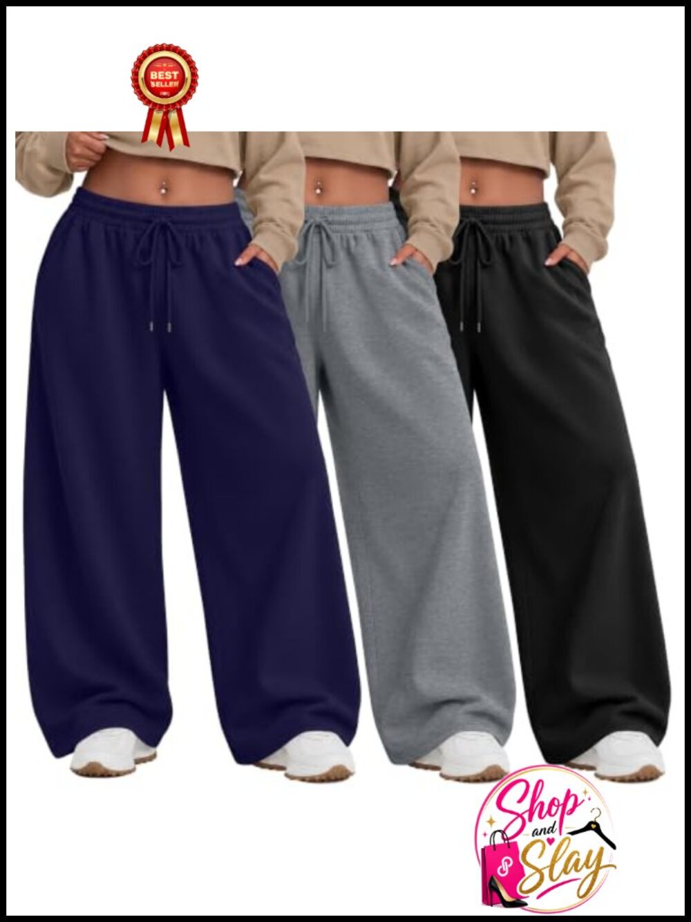 Plus Size Wide Leg Sweatpants Baggy Joggers High Waist Drawstring Pockets 3 Pack